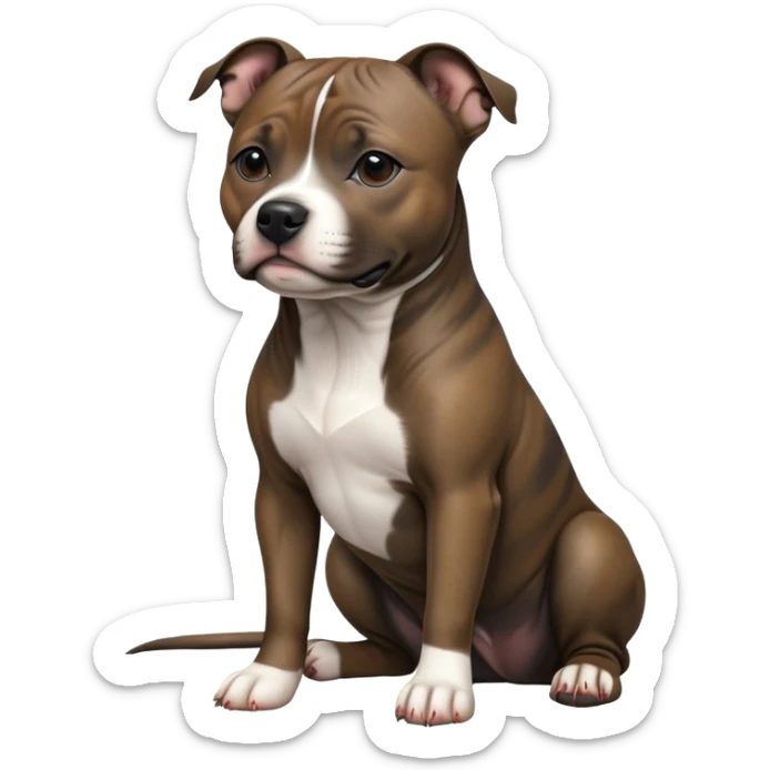 cinematic-[Staffordshire bull terrier]-realistic-full-body-sitting-emoji,-tail-resting-loosely-beside-its-paws,-head-tilted-dramatically, -sleek-[dark solid brindle]-fur,-simplified-yet-realistic-focused-features,-highly-detailed,-glowing-with-an-almost-sarcastic-glow sticker