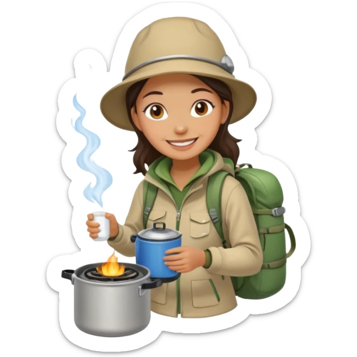 A woman camper boiling water on a portable stove, enjoying the outdoor sticker
