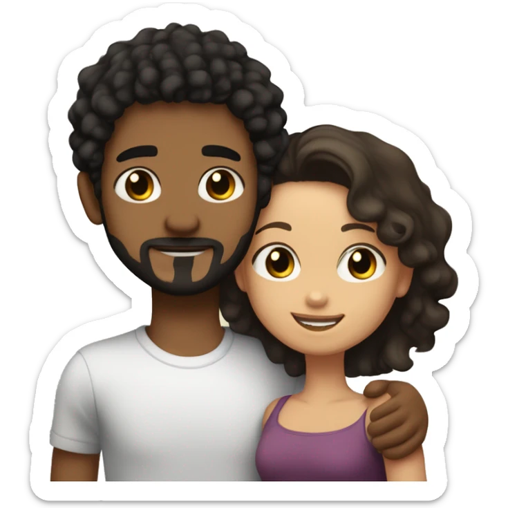 girl with light skin, hazel eyes and black straight hair hugging a boy with fair skin, medium curly hair that is light brown and a tiny mustache and goatee sticker