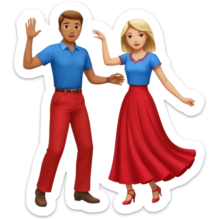Two people dancing. Man in red shirt and  red pants with brown hair. Women in blue shirt and long skirt with blond hair. Dancing. sticker