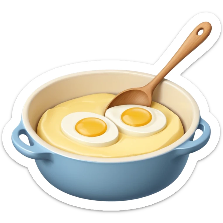 A cream ceramic baking bowl with a wooden spoon in it, next to it is a carton of eggs and butter sticker