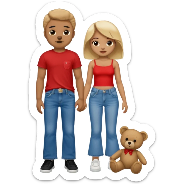 A boy and a girl teddy bear for the boy bear put on true religion shirt and jeans with black shoes and for the girl put flare jeans and a red tube top and white shoes sticker