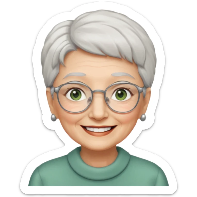 Create me emoji of an old lady. Short white hair to left side. Square glasses. Gray-green eyes. Big smile. sticker