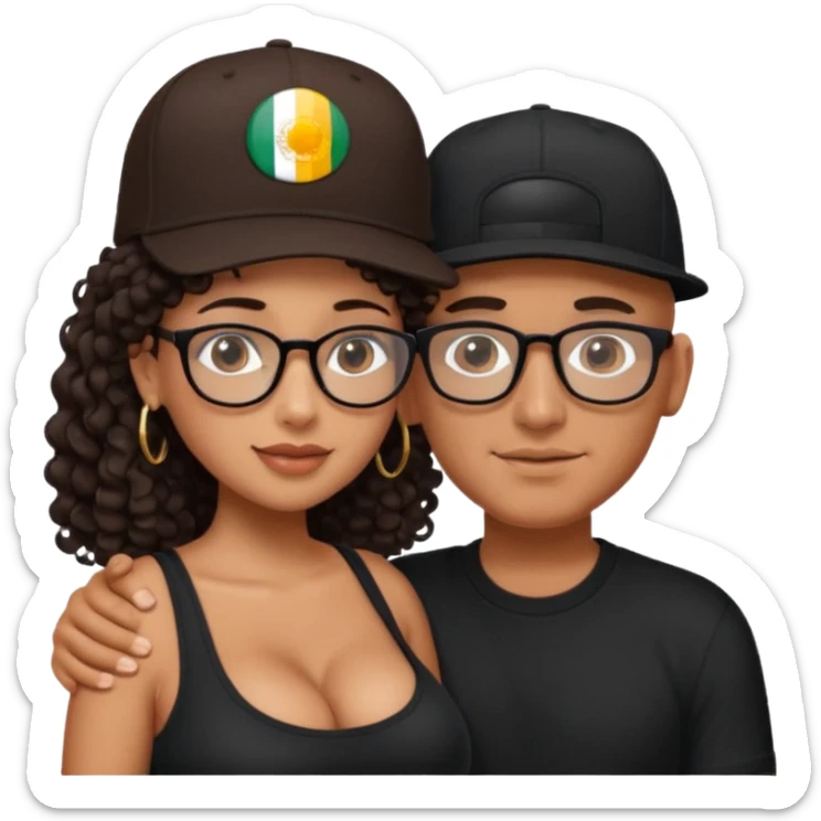 A picture of an embracing tanned couple. the man is a Mexican man with tanned skin, with a bald hair cut wearing a SnapBack hat and a black shirt. the woman has glasses on with long curly dark brown hair and with big boobs.  sticker