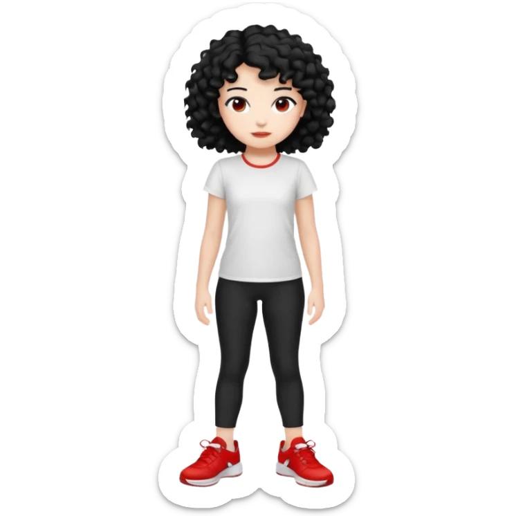 generate a pretty bratz fair skinned girl with curly black hair wearing a white tshirt trekking with red sneakers on and black leggings sticker