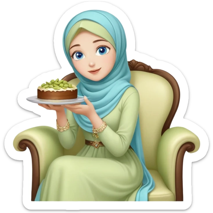 Turkish beautiful finish Konya girl blue eyes with pastel hijab long tail dress and sits on the chair and holds pistachios cake with her hand  sticker