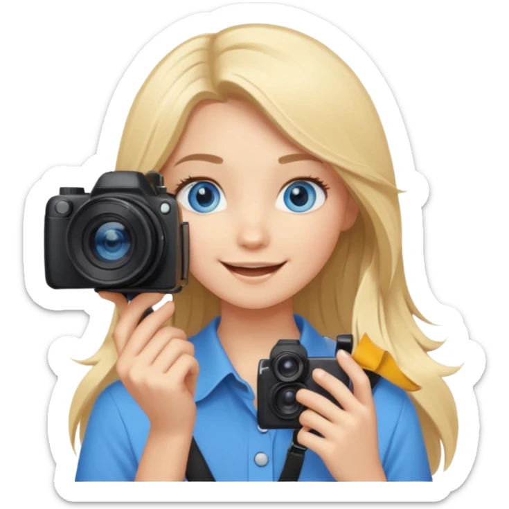  blue eyes blonde girl photographer cartoon taking picture in middle of taking picture camera in front of face long hair smiling funny flash professional, camera in front of face sticker
