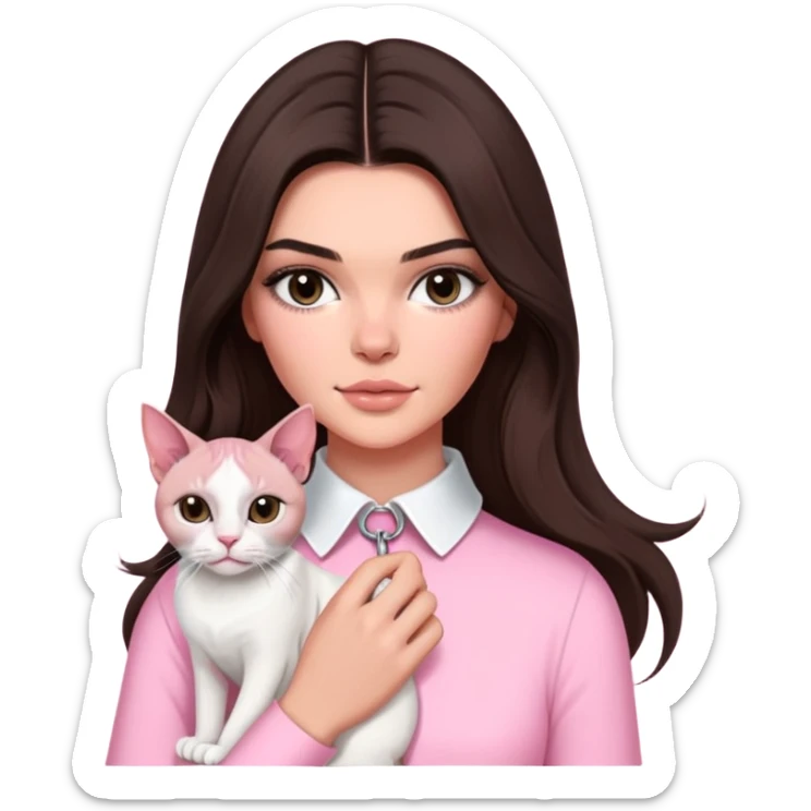 brunette Kendall Jenner with long hair holding a Sphynx cat and a white cat wear on pink collar sticker