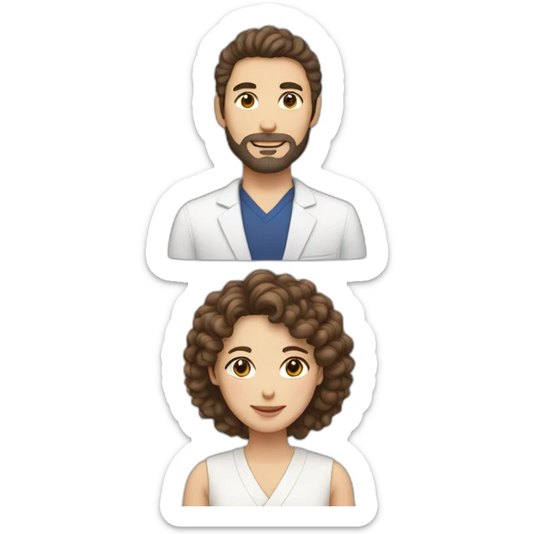 A white curly brown hair woman and a Japanese man with a little beard sticker