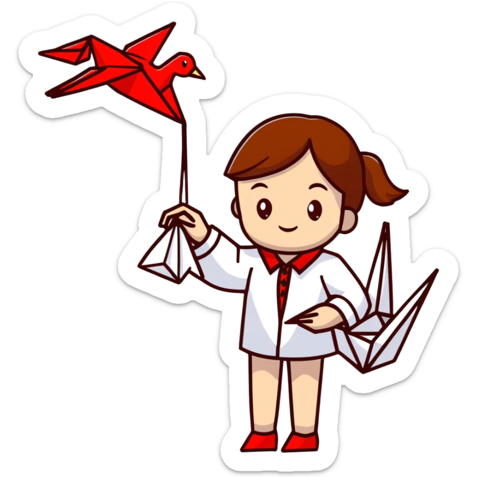 A happy Ukrainian young girl with brown hair in a white embroidered shirt makes an origami red crane craft sticker