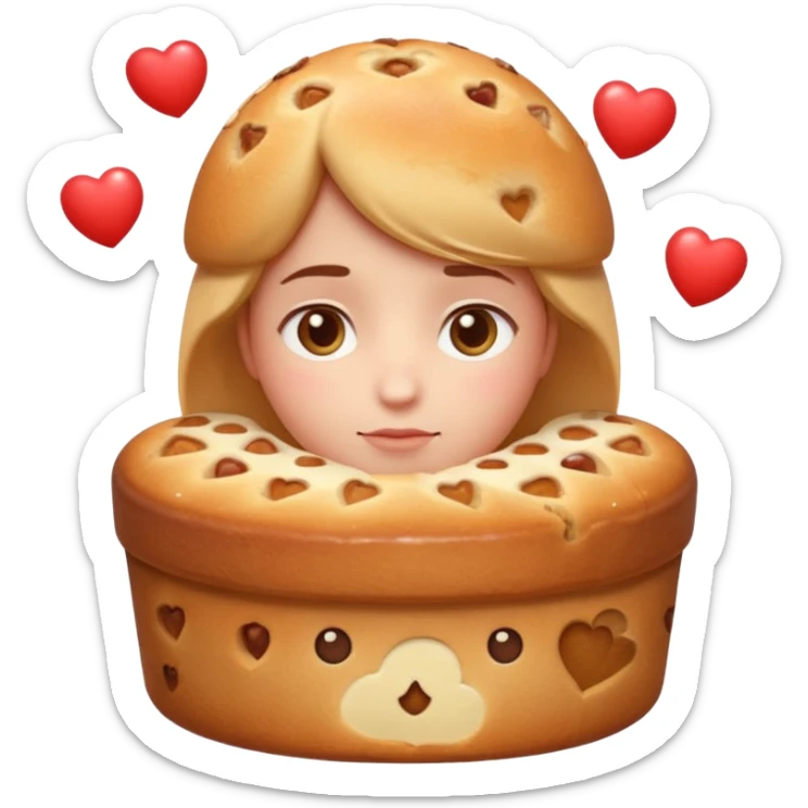 Apple-style emoji illustration of a cuteperson  with dreamy eyes thinking of a traditional panettone, small hearts floating around, soft 3D emoji style, smooth gradients, rounded shapes, warm festive colors, simple expression, centered composition, transparent background, no text. sticker