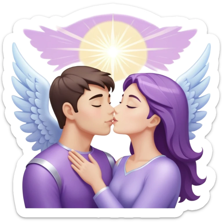 a pastel purple angel woman kisses White brunette man human with rays of light sticker