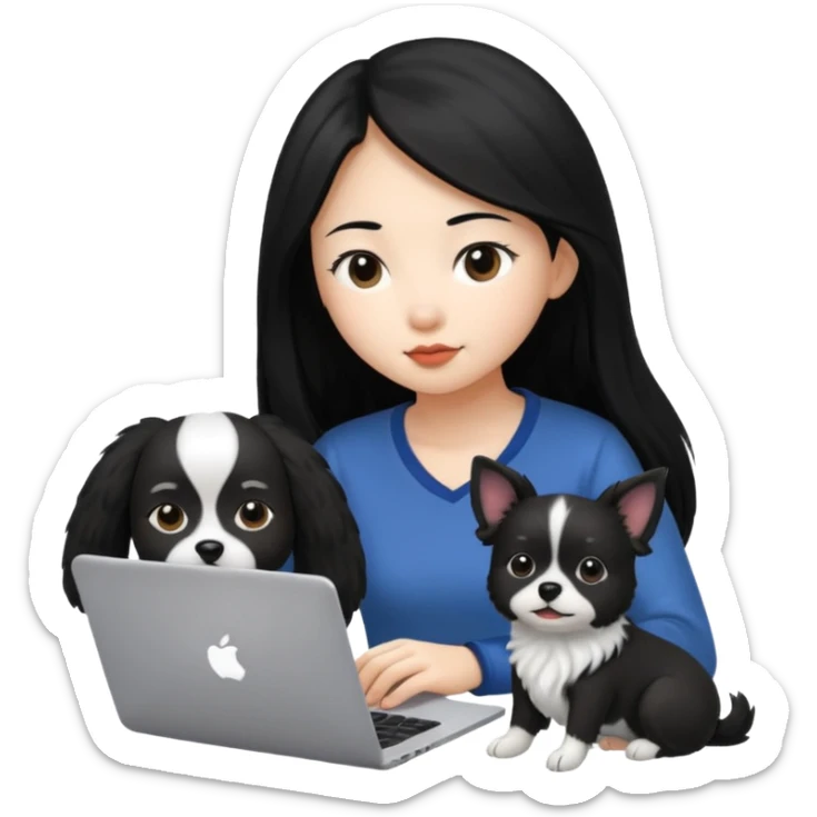 Asian girl with long black hair working on an Apple laptop, next to her is a small black and white dog with no collar on  sticker