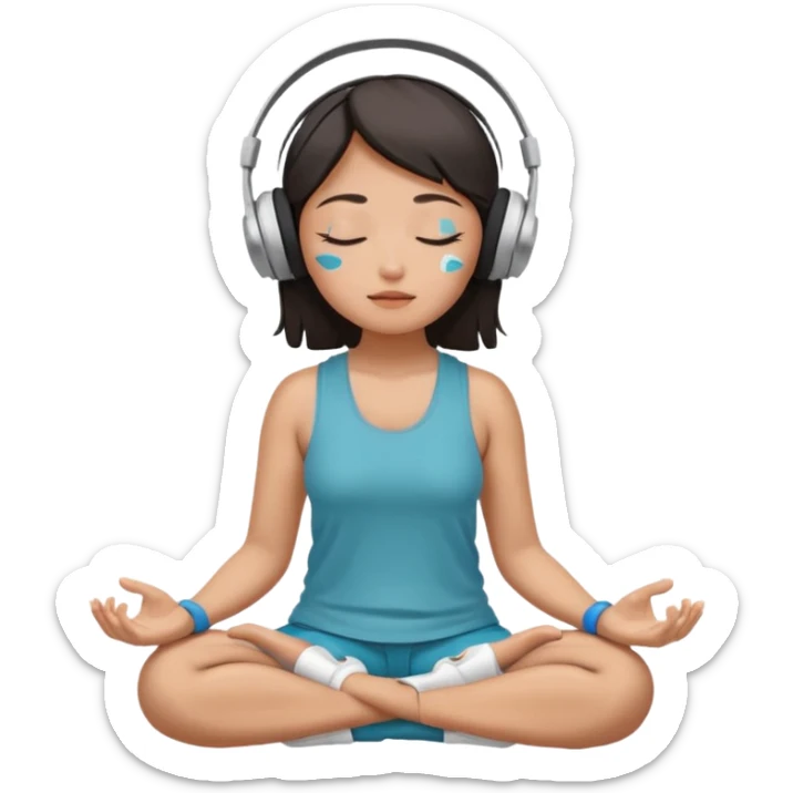 An East Asian woman🧘🏻‍♀️ is sitting cross-legged in a meditation pose, wearing Apple headphones🎧 and listening to music. The song is so beautiful that she has her eyes closed and tears streaming down her face. sticker
