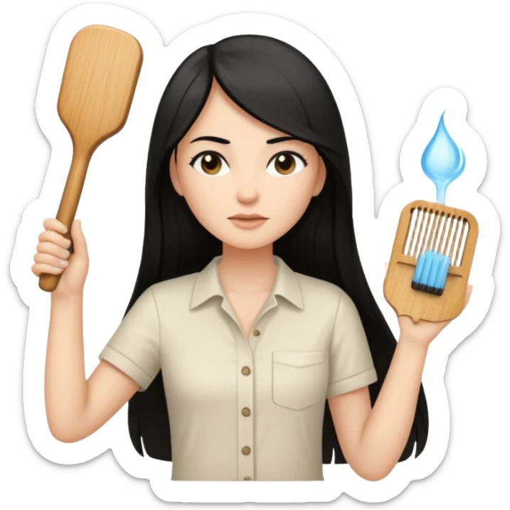 A white woman with long, straight black hair, wearing an ivory-colored shirt, holding a wooden paddle hairbrush in her left hand and spraying a hair mist bottle with her right hand toward her hair. sticker