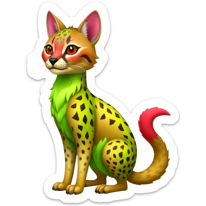 Colorful cute adorable tropical exotic fruity kiwi-green lemony rosy neon-red Caracal-Cheetah-Civet-Leopard-Trico-Sergal-Vernid-fusion-hybrid-animal-creature, full body, with tribal markings sticker