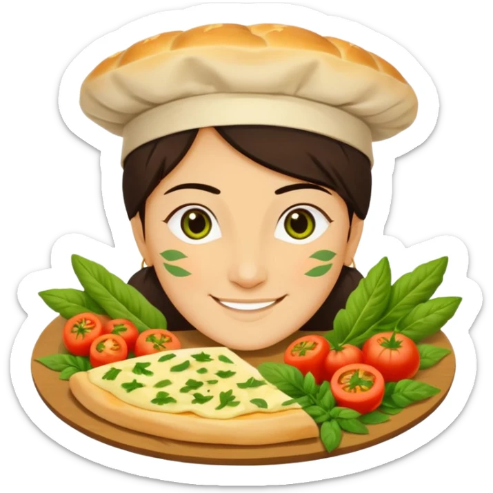 Georgian cuisine avatar in bright emoji-style illustration. Khachapuri and herbs, rich golden and green colors, simple shapes, flat design, strong character. sticker