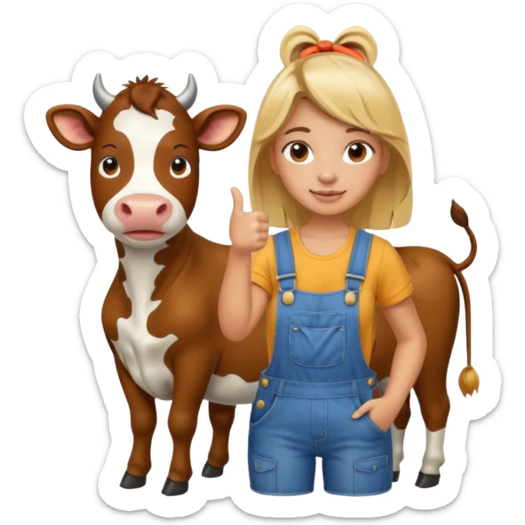 Girl standing with cow in overalls giving thumbs up sticker