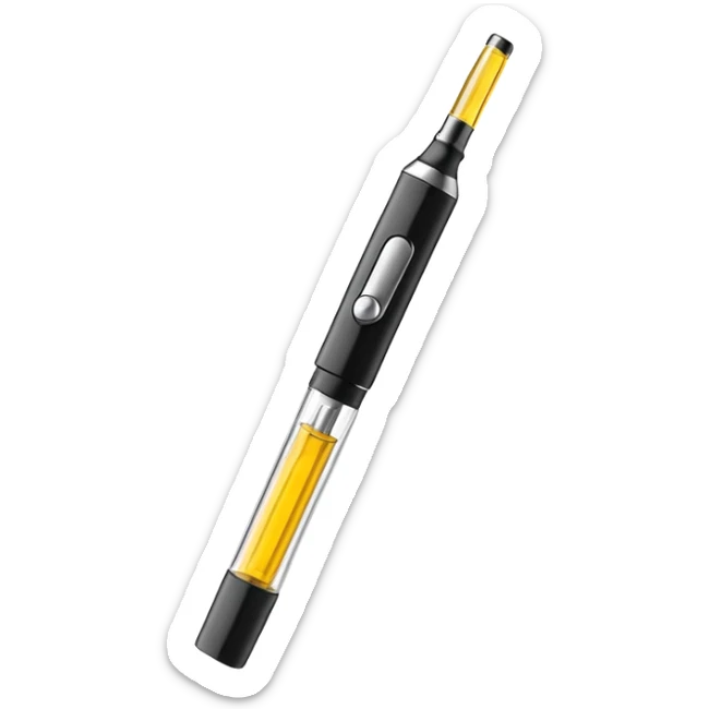 vape pen with yellow oil in the screw on cartridge with a black body and a button on it that looks like a dab pen sticker