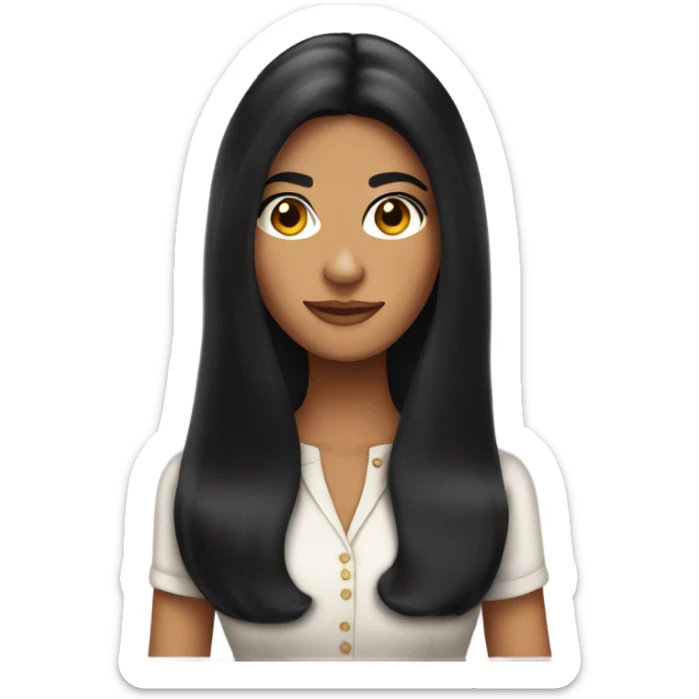 Tanned woman with long black hair wearing 60s style outfit and hair sticker