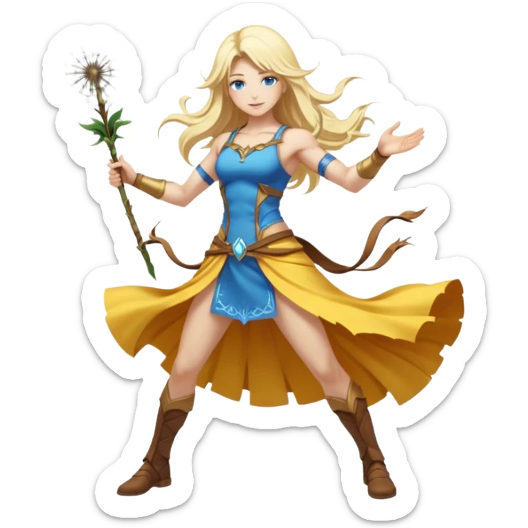 full body woman long blonde hair blue eyes white skin muscular build dandelion wind summoner sticker