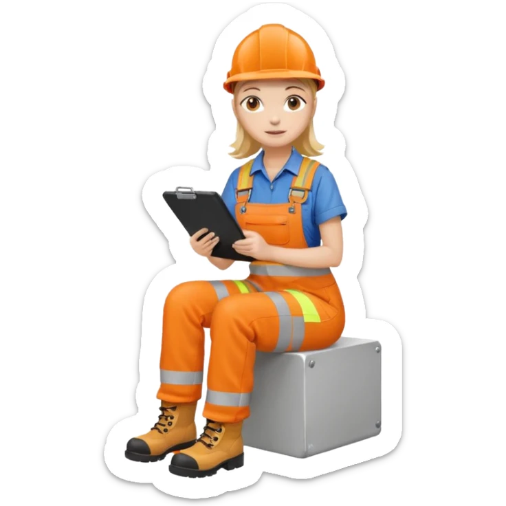 woman in orange hi vis overalls and boots holding a clipboard, sitting sticker