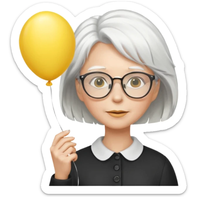woman with wind white hair and wearing glasses, holding yellow balloon sticker
