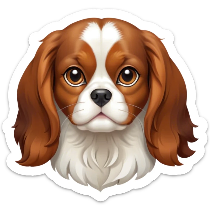 Cinematic Noble Tri-Colour Cavalier King Charles Spaniel Portrait Emoji, Poised and regal, with a graceful, medium build and a well-groomed tri-colour coat featuring rich black, white, and tan markings, soulful brown eyes, Simplified yet sharp and sophisticated features, highly detailed, glowing with a soft, dignified glow, high shine, intelligent and affectionate, stylized with an air of elegance, focused and attentive, soft glowing outline, capturing the essence of a watchful and refined companion, so majestic it feels as though it could step out of the screen with effortless authority! sticker