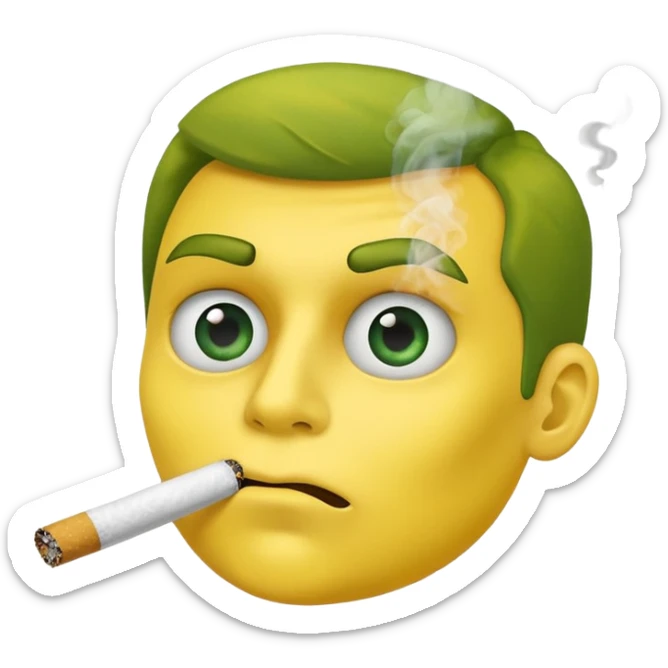 Hazme una carita amarilla aturdida con un cigarro en la boca soltando humo, el cigarro es de papel de liar y dentro está relleno de un tabaco verde sticker