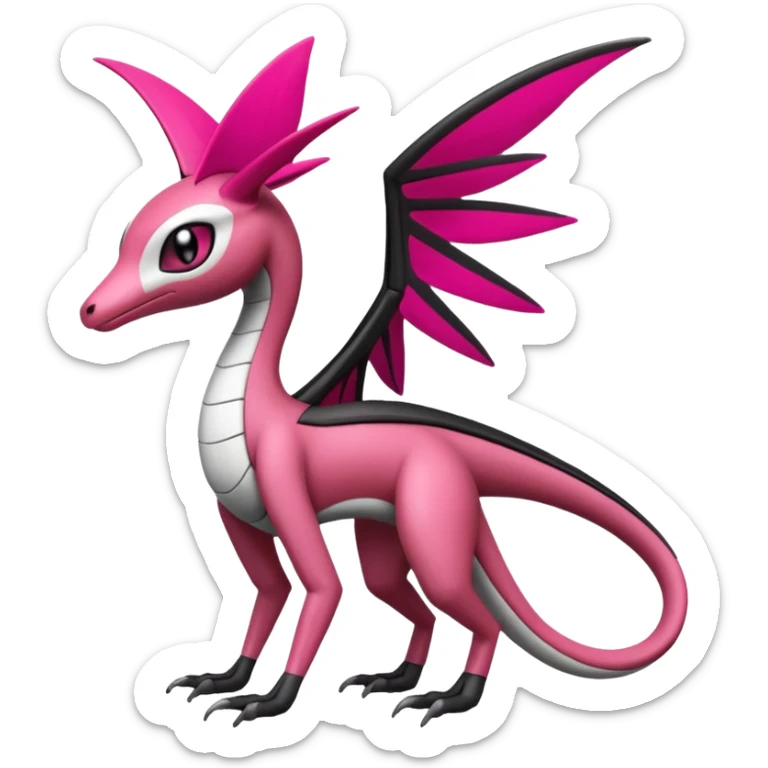 Magenta, black and white Meloetta-Flygon-Gorebyss-Salazzle-Pokémon-Fakémon-creature-fusion-hybrid sticker