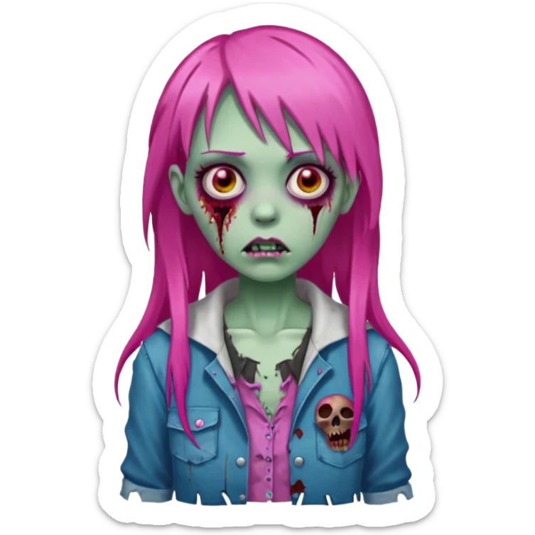 Create a female zombie emoji with long, straight hair in hot pink and bangs. sticker
