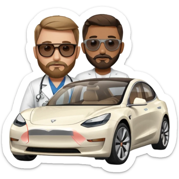 White tesla model 3 with a cool physician with dark blond hair, beard and dark sunglasses next to it sticker
