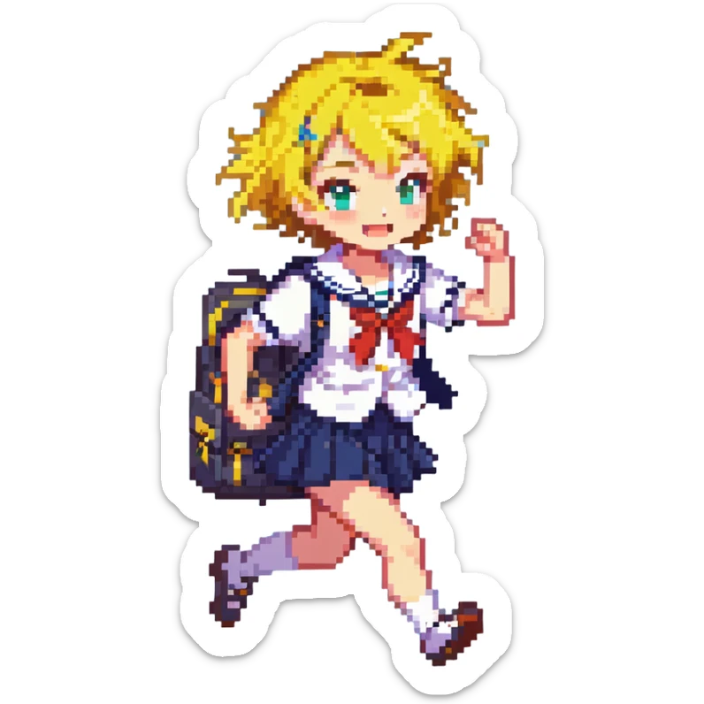 Pixel art anime girl with short bright yellow hair wearing Japanese sailor style school uniform, running energetically with school bag, happy determined expression sticker