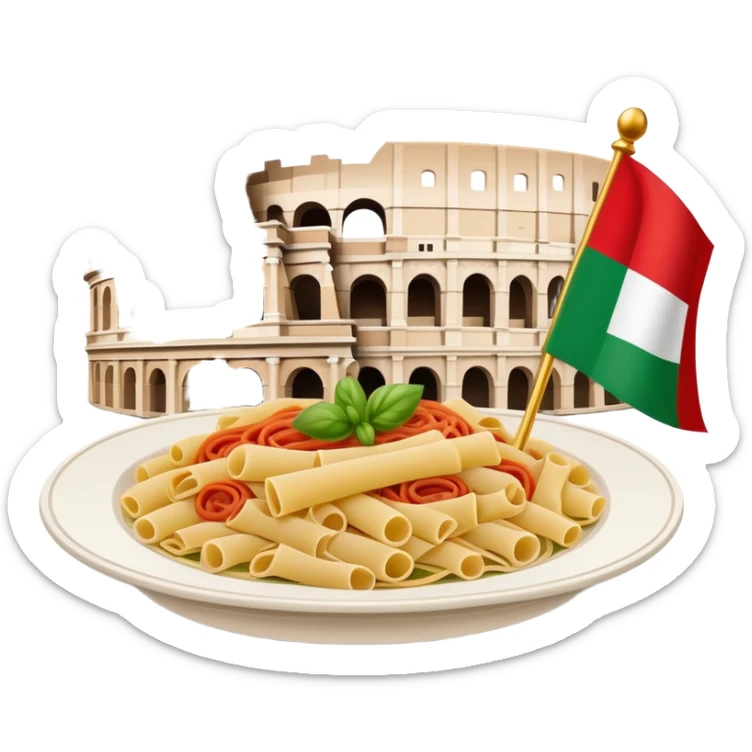 An icon featuring the Colosseum and the flag of Italy, symbolizing the Italian language. The design includes an open book with Italian phrases and a plate of pasta, representing language learning and cultural heritage. Transparent background sticker