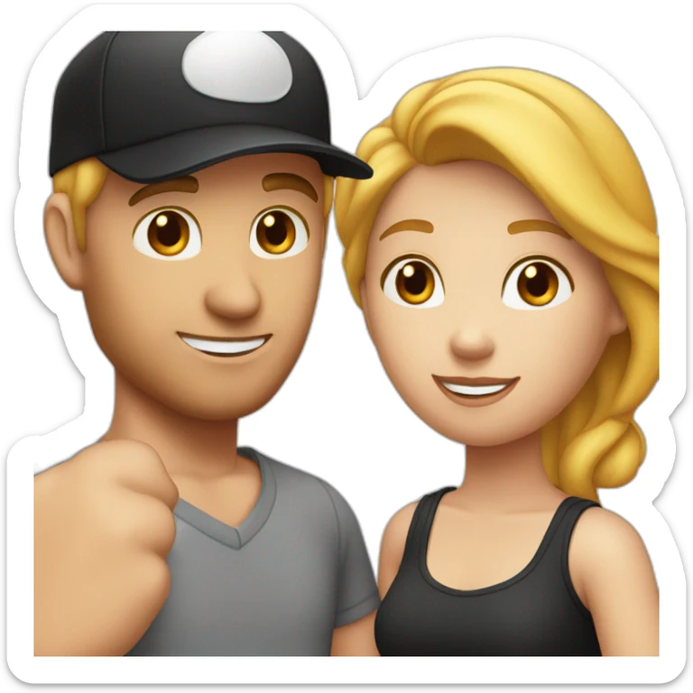 couple blond man with black cap and white shirt, woman with red hair shirt with neckline sticker