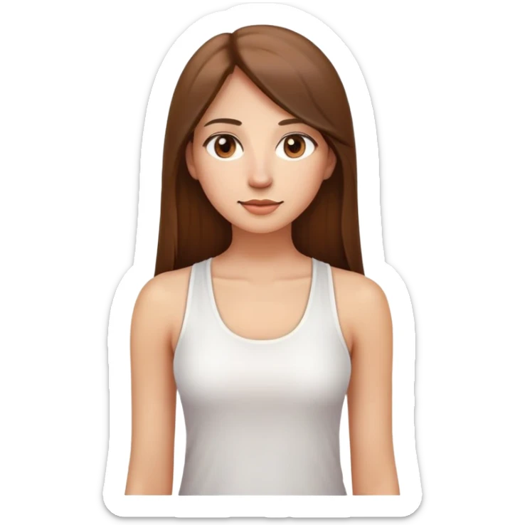 A woman with a round face, big round nose, long straight brown hair, and brown eyes, wearing a white tank top. The style should resemble the Apple emoji design, with a smooth, simple appearance and bright, clear features. sticker