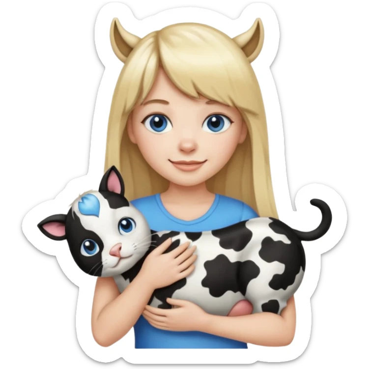 Apple-style emoji sticker of a young woman with long blond hair and straight bangs, blue eyes , holding a black-and-white cow-pattern cat on her chest, both smiling.  sticker