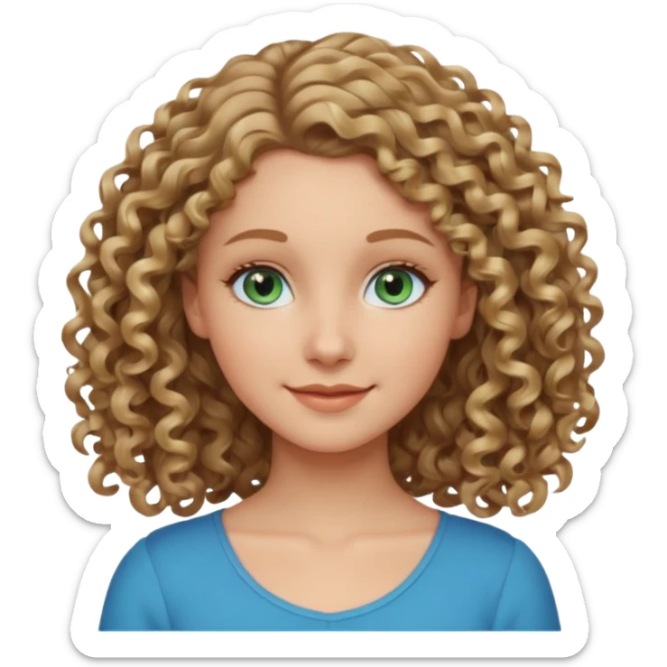 white girl, dark blonde curly hair, blue-green eyes, shoulder length, gentle smile sticker