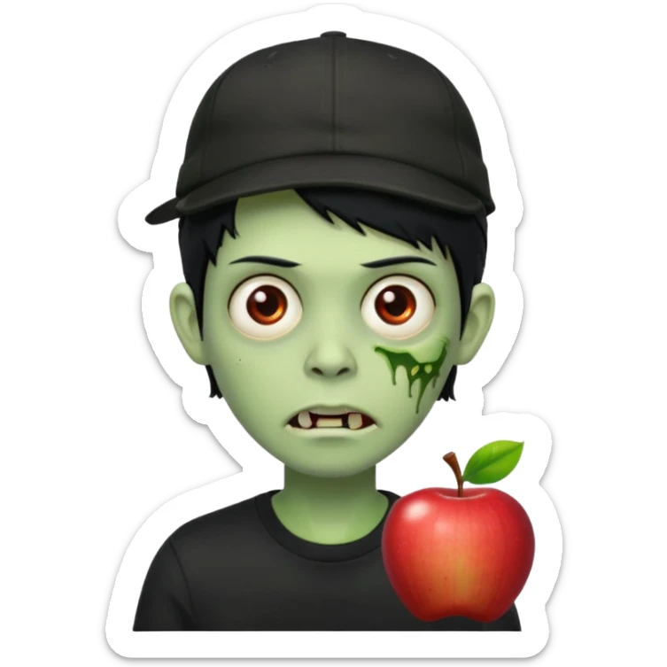 Green zombie, black hair, designer cap turned to the left, black shirt. Apple iOS style. sticker