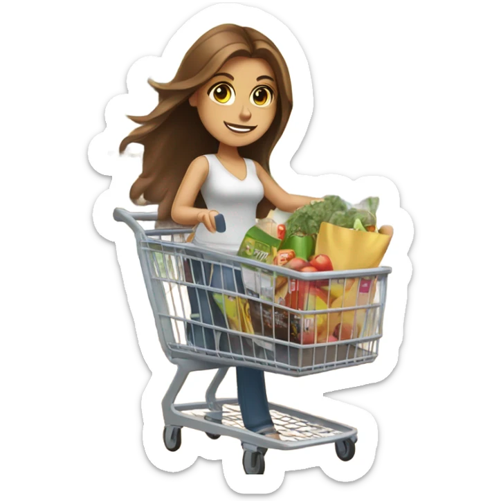 Lady with long brown hair and brown eyes with shopping cart and coupons sticker