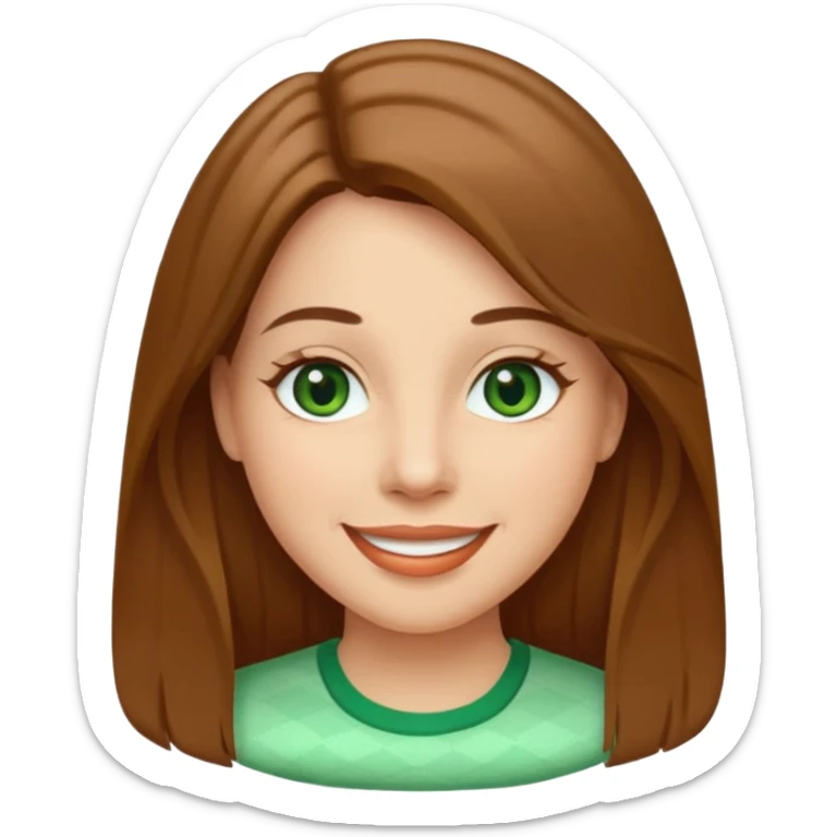 Adult woman avatar, light skin tone, oval face, straight long brown hair, green eyes, neutral mouth, seersucker sticker