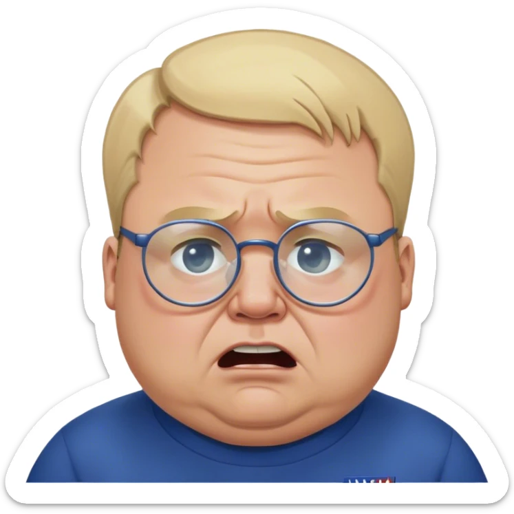 angry fat man, crying like a kid,  blond short and hight receding hairline, wearing a dark blue sweatshirt, nasa logo on the sweatshirt, round glasses without frame, 40 years old sticker