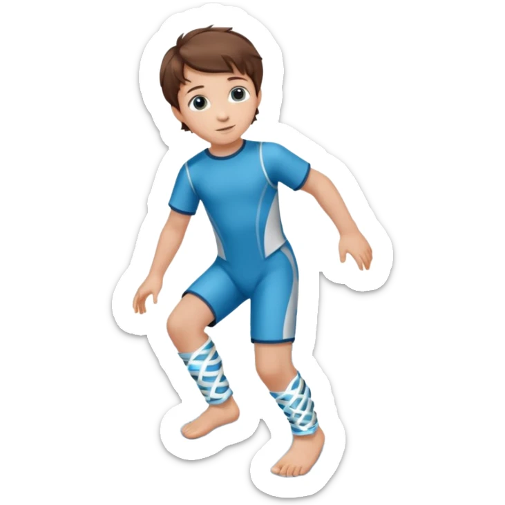 A little male child with a nice outfit and  curled brown hair and orthopedic ankle-foot orthosises (AFO) for a small child. The brace goes just below the knee and its with a bright blue water-like pattern with a spiral side design. sticker