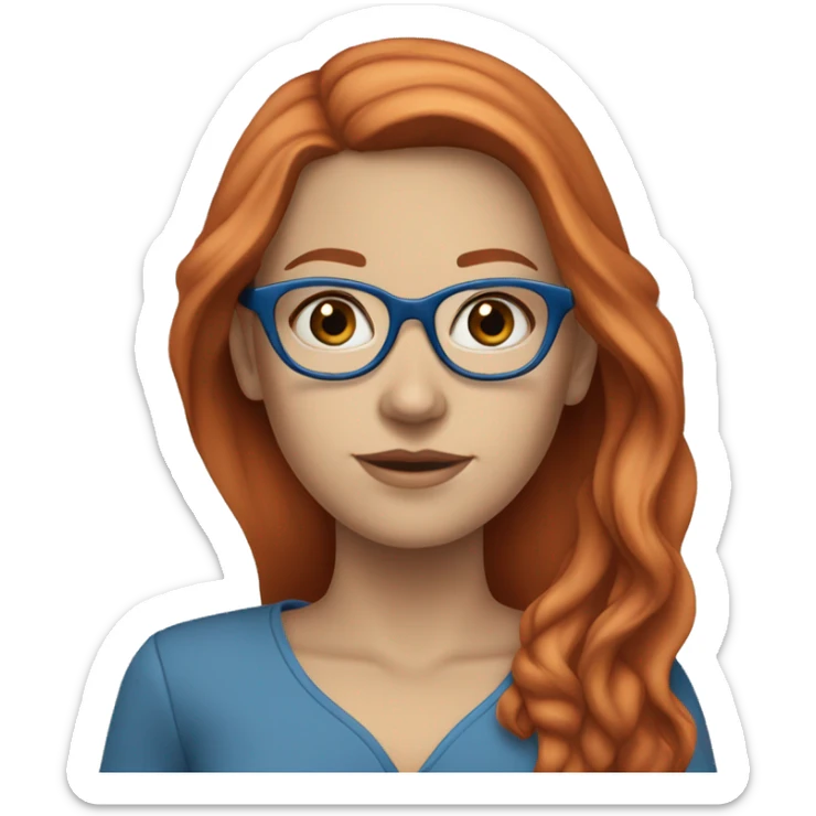 White-girl-with-long-hair-red-head-eyes-blue-wearing-glasses-blouse-formal-blue sticker