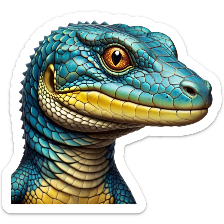 Cinematic Noble Monitor Lizard Portrait Emoji, Poised and regal, with a robust, scaled body exhibiting striking, mottled patterns and piercing, alert eyes, Simplified yet sharp and sophisticated features, highly detailed, glowing with a soft, earthy glow, high shine, intelligent and formidable, stylized with an air of ancient wilderness, focused and commanding, soft glowing outline, capturing the essence of a watchful and confident reptilian guardian that appears ready to stride out of the screen with effortless authority! sticker