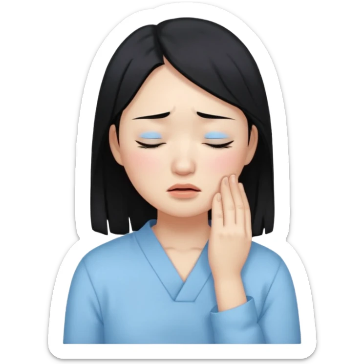 A crying East Asian woman with black hair, wearing light blue clothing. Her skin appears dry, closing her eyes and crying sticker