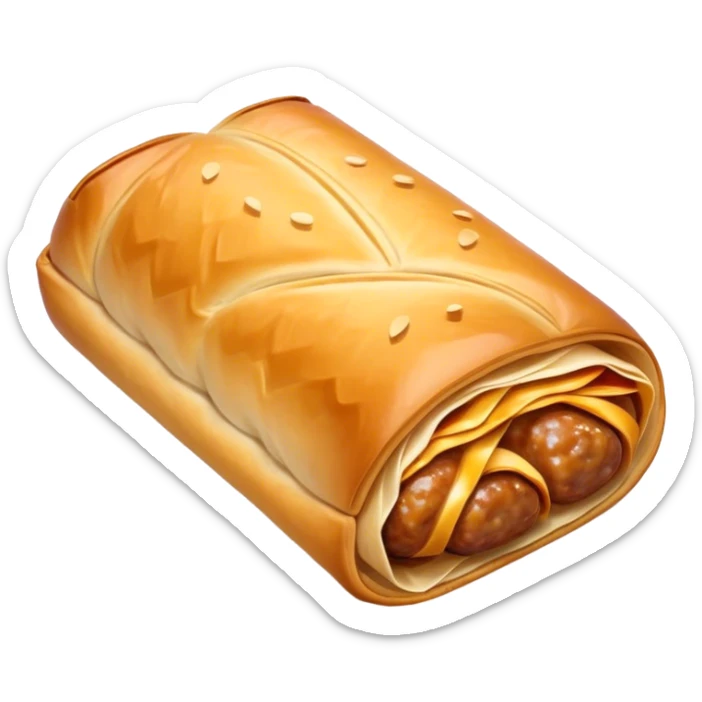 cinematic-realistic-sausage-roll-dish-emoji,-depicted-with-a-crisp,-golden-pastry-wrapped-around-flavorful-sausage,-rendered-with-detailed-textures-wrapped ina. plastic wrapper unrapped - and-appetizing-lighting sticker