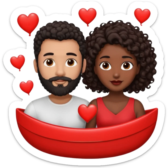 pareja de Mujer morena rizada cabello largo castaño ojos oscuros y hombre blanco cabello negro corto (no es rizado) con barba  y ojos marron al rededor de la pareja corazones sticker