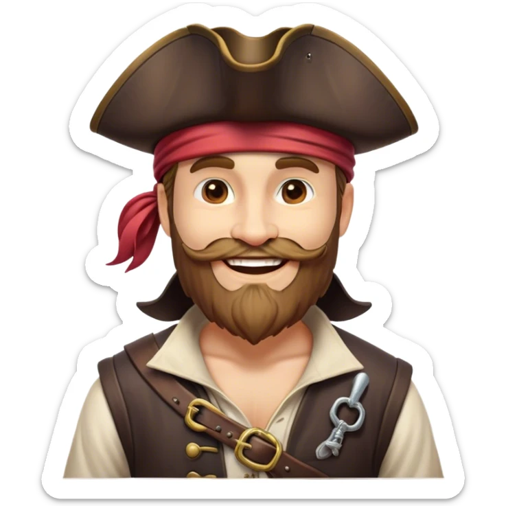 Clash of Clans aesthetic Cheerful Pirate Portrait Emoji, With a bright, confident smile and a relaxed yet adventurous posture, showcasing a stylized, rugged build with a classic pirate hat and a neatly groomed beard, his face in natural skin tone, Simplified yet expressive features, highly detailed, glowing with a soft, luminous maritime radiance, high shine, upbeat and daring, stylized with an air of classic swashbuckler allure, soft glowing outline, capturing the essence of a cheerful pirate ready to chart epic voyages! sticker