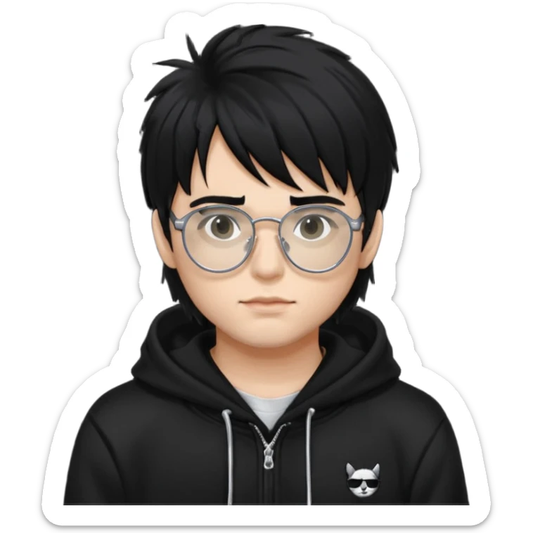 chrome hearts glasses,man, black hair,white,normal,fluffy fringe,black hoodie sticker